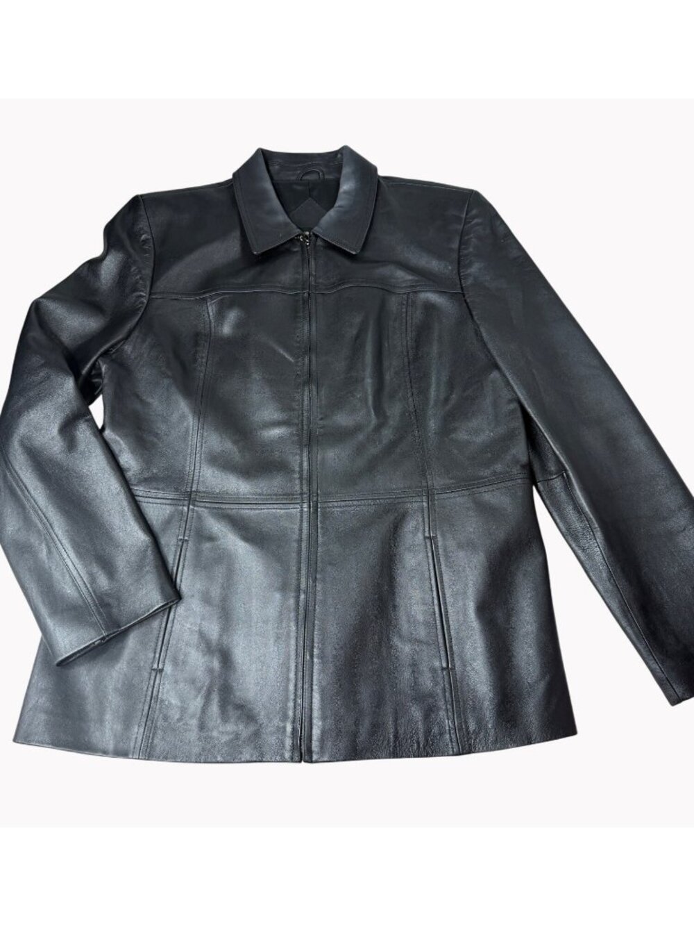 Valerie Stevens Womens Large Black Leather Jacket Zip Front Lined Long Sleeve AS